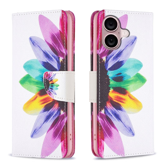 For iPhone 16 Colored Drawing Pattern Leather Phone Case(Sun Flower) - iPhone 16 Cases by buy2fix | Online Shopping UK | buy2fix