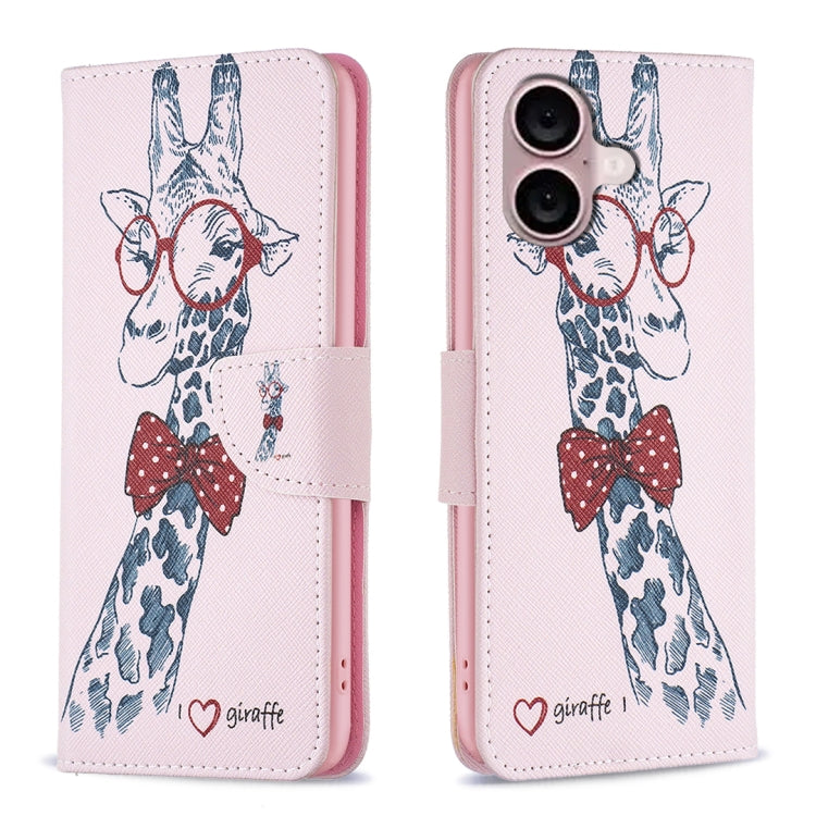 For iPhone 16 Plus Colored Drawing Pattern Leather Phone Case(Giraffe) by buy2fix