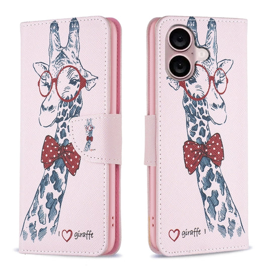 For iPhone 16 Plus Colored Drawing Pattern Leather Phone Case(Giraffe) by buy2fix