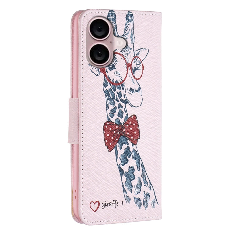 For iPhone 16 Plus Colored Drawing Pattern Leather Phone Case(Giraffe) by buy2fix