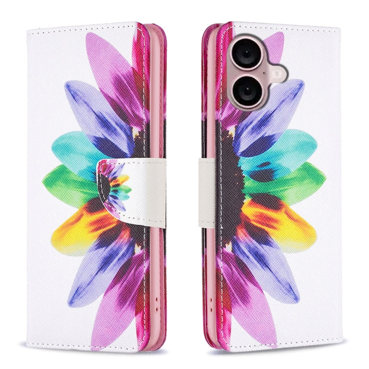For iPhone 16 Plus Colored Drawing Pattern Leather Phone Case(Sun Flower) by buy2fix