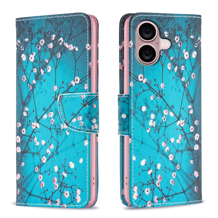 For iPhone 16 Plus Colored Drawing Pattern Leather Phone Case(Plum Blossom) by buy2fix