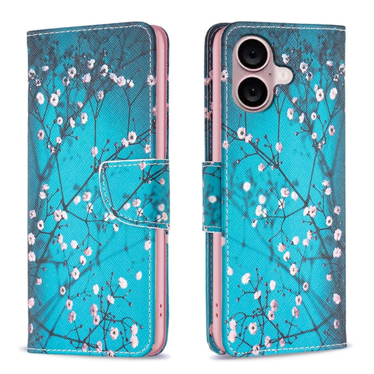 For iPhone 16 Plus Colored Drawing Pattern Leather Phone Case(Plum Blossom) by buy2fix