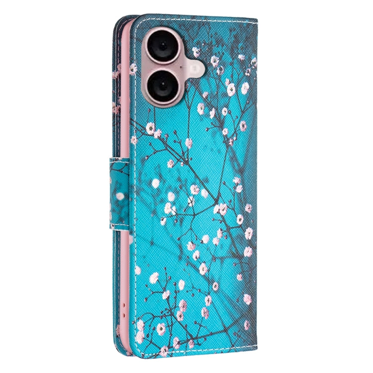 For iPhone 16 Plus Colored Drawing Pattern Leather Phone Case(Plum Blossom) by buy2fix