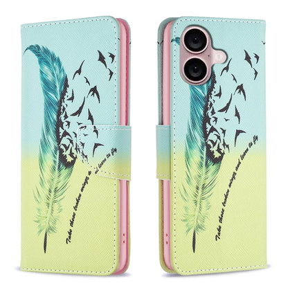 For iPhone 16 Plus Colored Drawing Pattern Leather Phone Case(Feather) by buy2fix