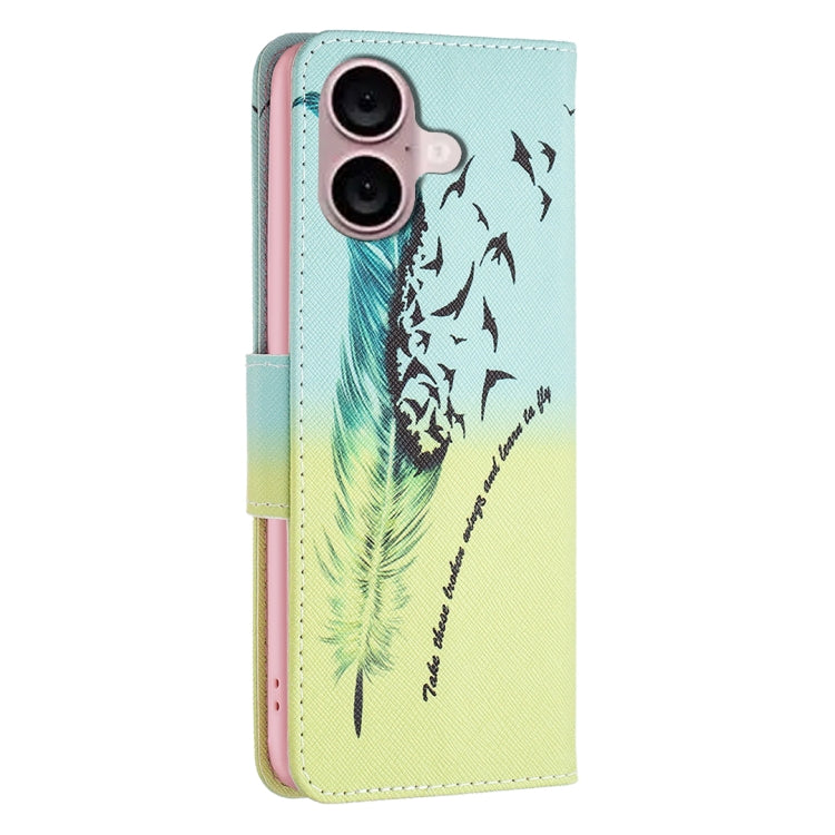 For iPhone 16 Plus Colored Drawing Pattern Leather Phone Case(Feather) by buy2fix