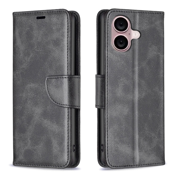 For iPhone 16 Plus Lambskin Texture Pure Color Flip Leather Phone Case(Black) - iPhone 16 Plus Cases by buy2fix | Online Shopping UK | buy2fix