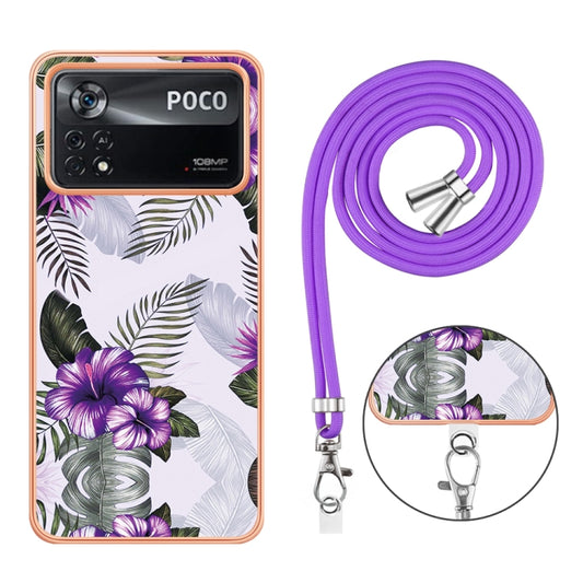 For Xiaomi Poco X4 Pro 5G Electroplating IMD TPU Phone Case with Lanyard(Purple Flower) by buy2fix