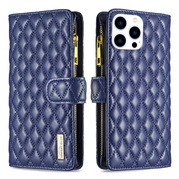 For iPhone 16 Pro Diamond Lattice Zipper Wallet Leather Flip Phone Case(Blue) - iPhone 16 Pro Cases by buy2fix | Online Shopping UK | buy2fix