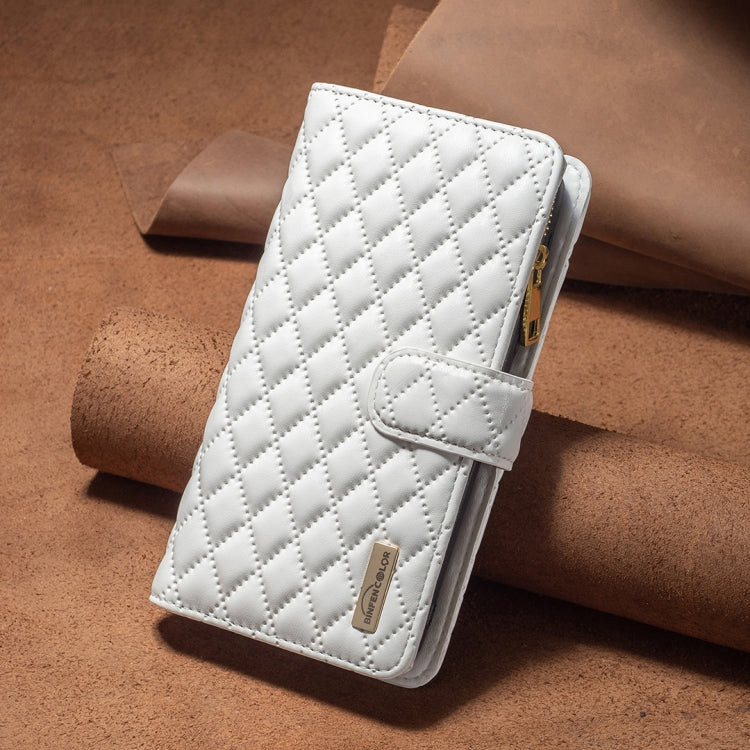 For iPhone 16 Pro Diamond Lattice Zipper Wallet Leather Flip Phone Case(White) - iPhone 16 Pro Cases by buy2fix | Online Shopping UK | buy2fix