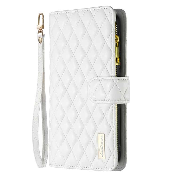 For iPhone 16 Pro Diamond Lattice Zipper Wallet Leather Flip Phone Case(White) - iPhone 16 Pro Cases by buy2fix | Online Shopping UK | buy2fix