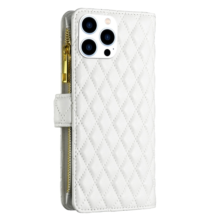 For iPhone 16 Pro Diamond Lattice Zipper Wallet Leather Flip Phone Case(White) - iPhone 16 Pro Cases by buy2fix | Online Shopping UK | buy2fix