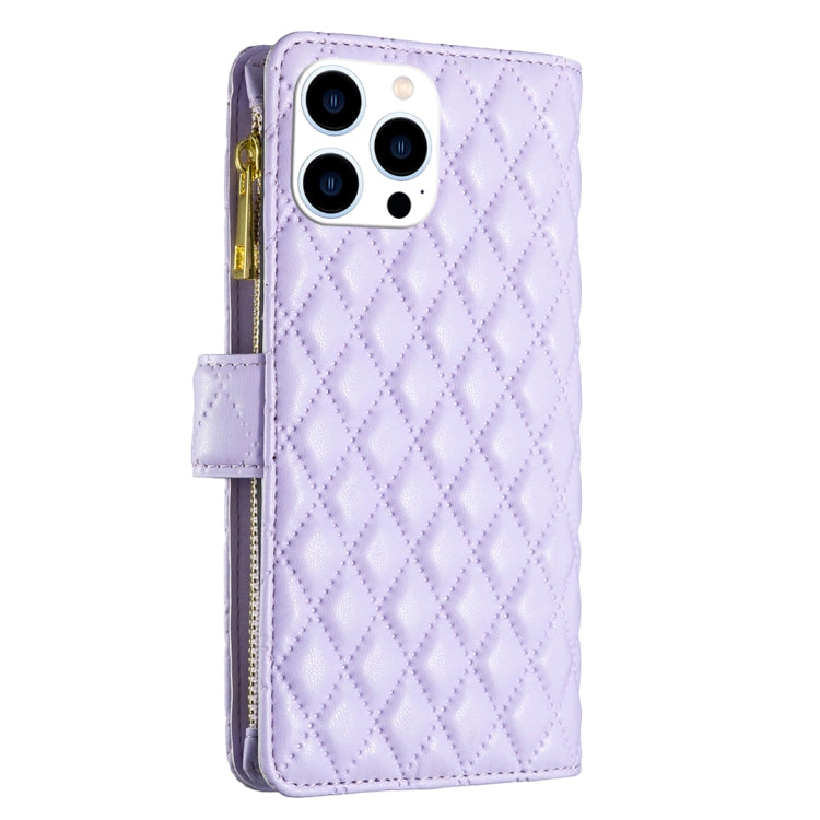 For iPhone 16 Pro Diamond Lattice Zipper Wallet Leather Flip Phone Case(Purple) - iPhone 16 Pro Cases by buy2fix | Online Shopping UK | buy2fix