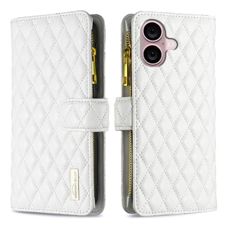 For iPhone 16 Diamond Lattice Zipper Wallet Leather Flip Phone Case(White) - iPhone 16 Cases by buy2fix | Online Shopping UK | buy2fix