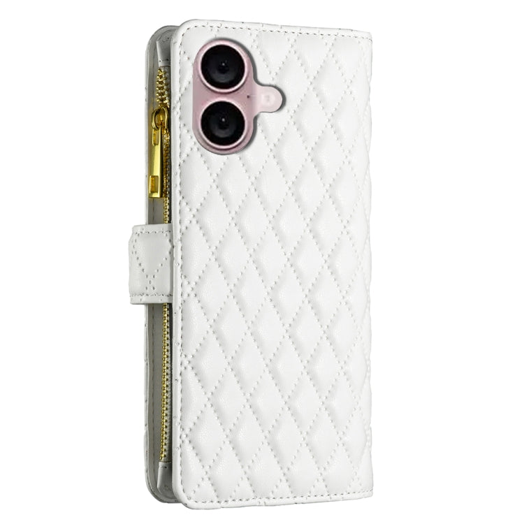 For iPhone 16 Diamond Lattice Zipper Wallet Leather Flip Phone Case(White) - iPhone 16 Cases by buy2fix | Online Shopping UK | buy2fix