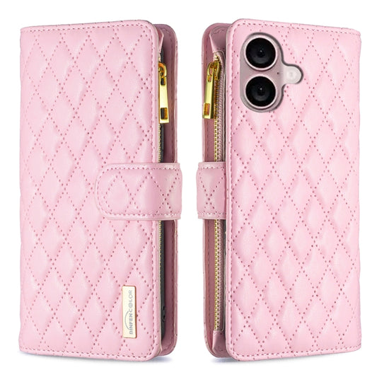 For iPhone 16 Diamond Lattice Zipper Wallet Leather Flip Phone Case(Pink) - iPhone 16 Cases by buy2fix | Online Shopping UK | buy2fix