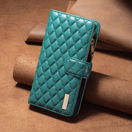 For iPhone 16 Plus Diamond Lattice Zipper Wallet Leather Flip Phone Case(Green) by buy2fix