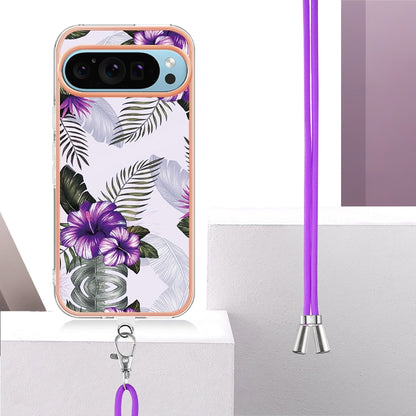For Google Pixel 9 Pro XL Electroplating IMD TPU Phone Case with Lanyard(Purple Flower) by buy2fix