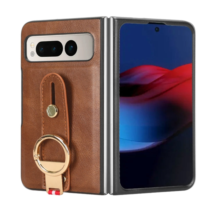 For Google Pixel Fold Wristband Leather Back Phone Case(Brown) - Google Cases by buy2fix | Online Shopping UK | buy2fix