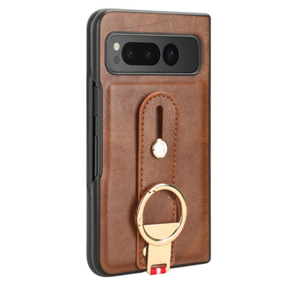 For Google Pixel Fold Wristband Leather Back Phone Case(Brown) - Google Cases by buy2fix | Online Shopping UK | buy2fix