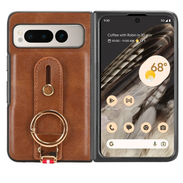 For Google Pixel Fold Wristband Leather Back Phone Case(Brown) - Google Cases by buy2fix | Online Shopping UK | buy2fix