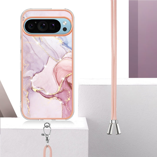 For Google Pixel 9 Pro XL Electroplating Marble Dual-side IMD Phone Case with Lanyard(Rose Gold 005) by buy2fix