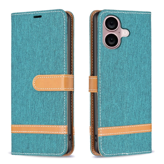 For iPhone 16 Plus Color Block Denim Texture Leather Phone Case(Green) by buy2fix