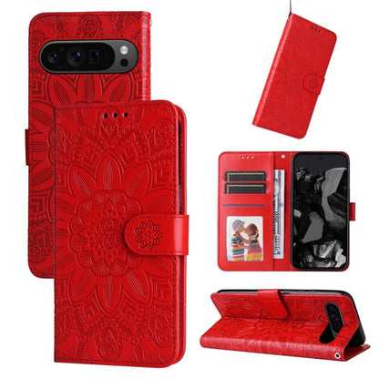 For Google Pixel 9 Pro Embossed Sunflower Leather Phone Case(Red) - Google Cases by buy2fix | Online Shopping UK | buy2fix