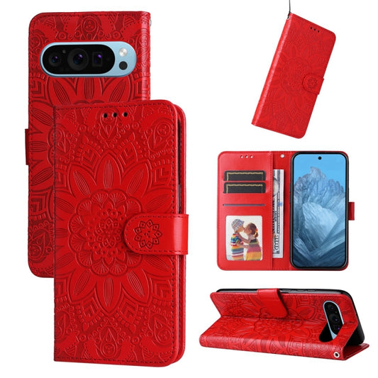 For Google Pixel 9 Embossed Sunflower Leather Phone Case(Red) by buy2fix