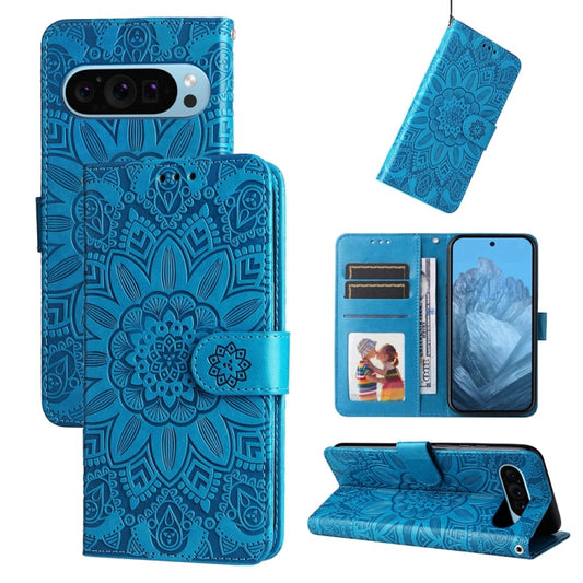 For Google Pixel 9 Embossed Sunflower Leather Phone Case(Blue) by buy2fix