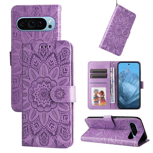 For Google Pixel 9 Embossed Sunflower Leather Phone Case(Purple) by buy2fix
