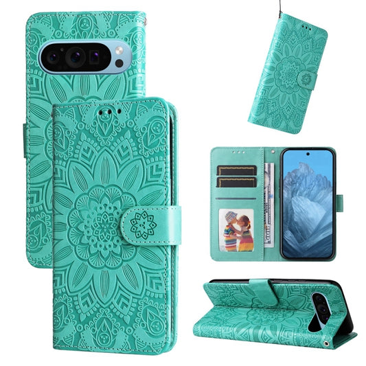 For Google Pixel 9 Embossed Sunflower Leather Phone Case(Green) by buy2fix