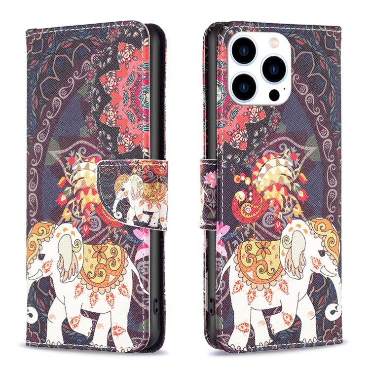 For iPhone 16 Pro Colored Drawing Pattern Flip Leather Phone Case(Flowers Elephant) - iPhone 16 Pro Cases by buy2fix | Online Shopping UK | buy2fix