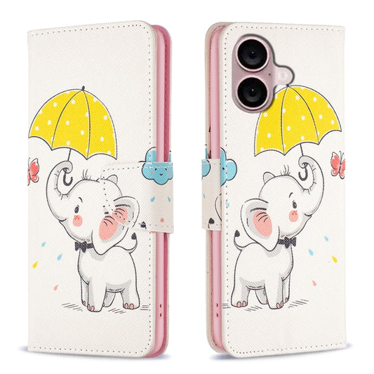 For iPhone 16 Plus Colored Drawing Pattern Flip Leather Phone Case(Umbrella Elephant) by buy2fix