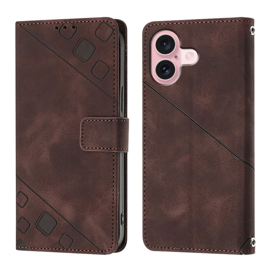 For iPhone 16 Skin-feel Embossed Leather Phone Case(Brown) by buy2fix