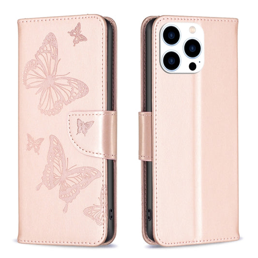 For iPhone 16 Pro Embossing Two Butterflies Pattern Leather Phone Case(Rose Gold) - iPhone 16 Pro Cases by buy2fix | Online Shopping UK | buy2fix