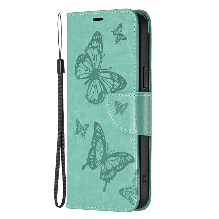 For iPhone 16 Embossing Two Butterflies Pattern Leather Phone Case(Green) - iPhone 16 Cases by buy2fix | Online Shopping UK | buy2fix