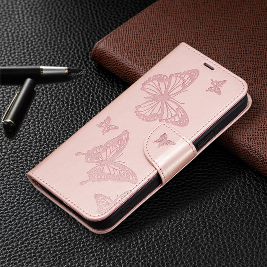 For iPhone 16 Embossing Two Butterflies Pattern Leather Phone Case(Rose Gold) by buy2fix