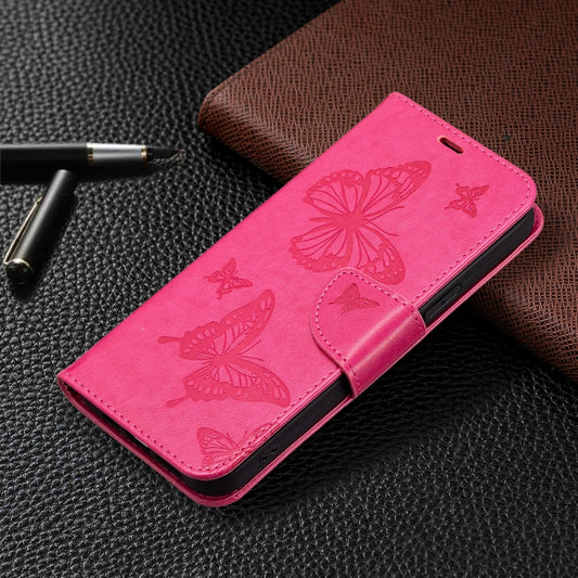 For iPhone 16 Plus Embossing Two Butterflies Pattern Leather Phone Case(Rose Red) by buy2fix