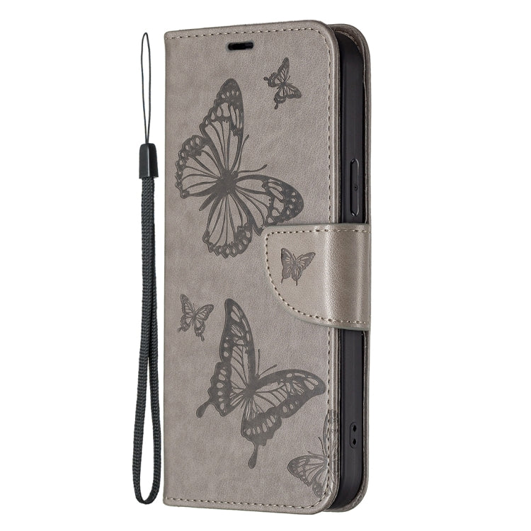 For iPhone 16 Plus Embossing Two Butterflies Pattern Leather Phone Case(Grey) - iPhone 16 Plus Cases by buy2fix | Online Shopping UK | buy2fix