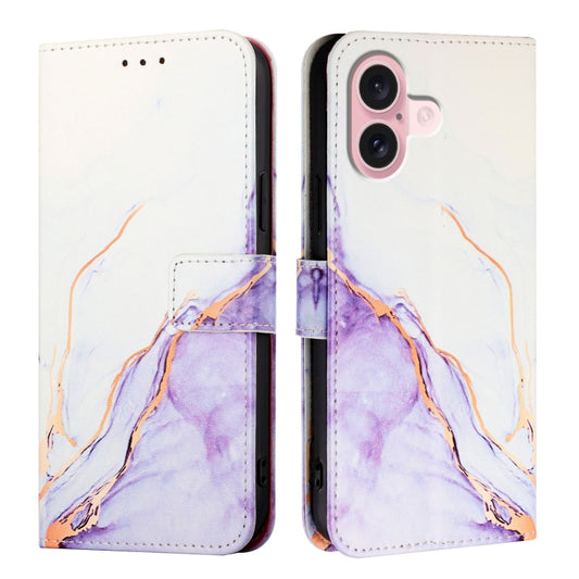 For iPhone 16 PT003 Marble Pattern Flip Leather Phone Case(White Purple) by buy2fix