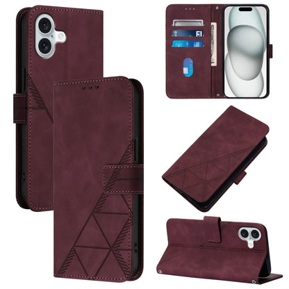 For iPhone 16 Plus Crossbody 3D Embossed Flip Leather Phone Case(Wine Red) by buy2fix