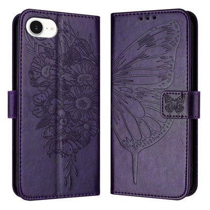 For iPhone 16e Embossed Butterfly Leather Phone Case(Dark Purple) by buy2fix