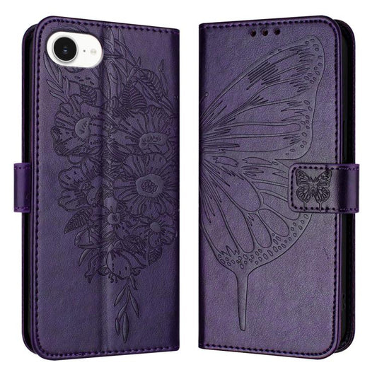 For iPhone 16e Embossed Butterfly Leather Phone Case(Dark Purple) by buy2fix