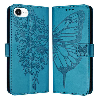For iPhone 16e Embossed Butterfly Leather Phone Case(Blue) by buy2fix