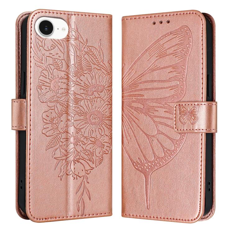 For iPhone 16e Embossed Butterfly Leather Phone Case(Rose Gold) by buy2fix