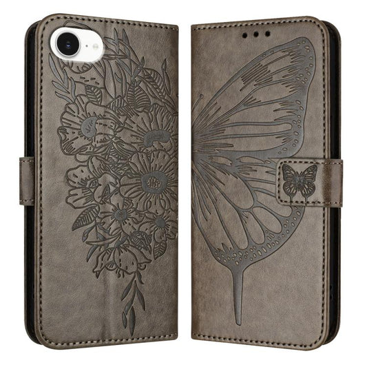 For iPhone 16e Embossed Butterfly Leather Phone Case(Grey) by buy2fix