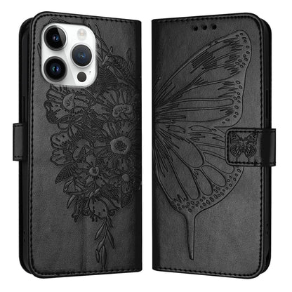 For iPhone 16 Pro Max Embossed Butterfly Leather Phone Case(Black) - iPhone 16 Pro Max Cases by buy2fix | Online Shopping UK | buy2fix