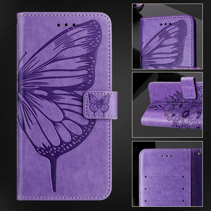 For iPhone 16 Pro Embossed Butterfly Leather Phone Case(Light Purple) - iPhone 16 Pro Cases by buy2fix | Online Shopping UK | buy2fix