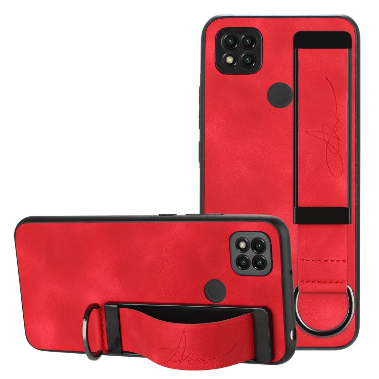 For Xiaomi Redmi 9C Wristband Holder Leather Back Phone Case(Red) - Xiaomi Cases by buy2fix | Online Shopping UK | buy2fix